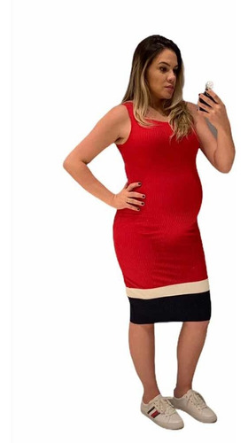 Vestido Midi Para Gestante Grávida Regata Confortável Justo