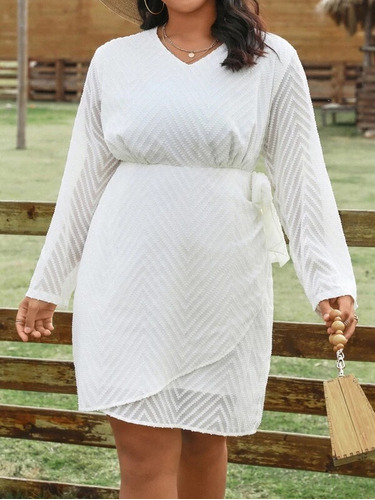 Vestido Blanco Relieve Y Nudo Lateral, Tallas Extras 3xl