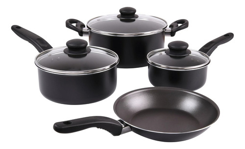 Bateria Cocina 7 Piezas 3 Ollas Tapa 1 Sarten Antiadherente Color Negro