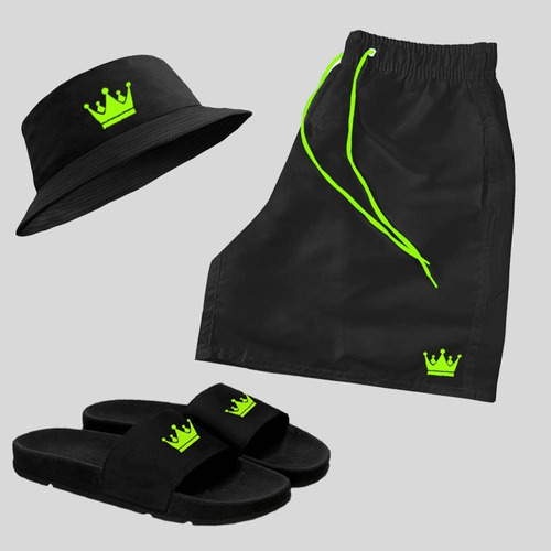 Kit Short Praia + Chapeu Bucket + Chinelo Slide Coroa Verde