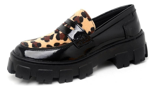 Sapato Feminino Mocassim Tratorado Preto Animal Print Dubuy