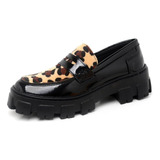 Sapato Feminino Mocassim Tratorado Preto Animal Print Dubuy