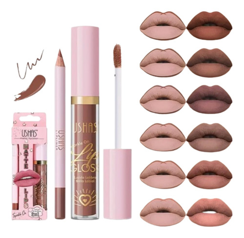 Labial Impermeable + Delineador Tonos Moda Marrón Nude 2en1