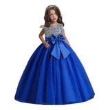 Vestido Niña Fiesta Azul Y Dorado Largo Encaje Gala Princesa