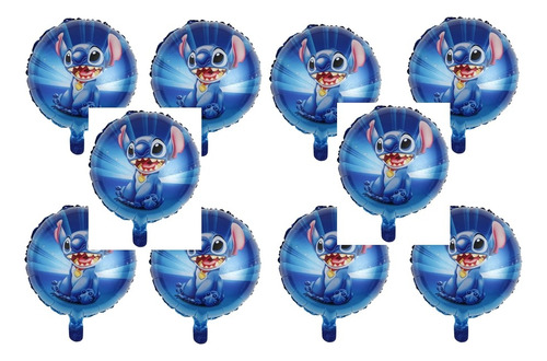Balão Bexiga Metalizada Decoração Stich Feliz 10 Un/ Azul.