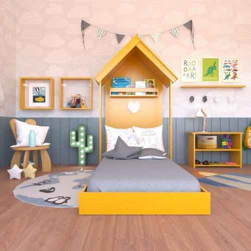 Quarto Infantil Cama Banqueta 2 Nicho E Prateleira Amarelo