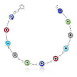 Pulseira Olhos Gregos Arco-íris Coloridos Prata 925 Comprimento 19 Cm