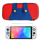 Estuche Rigido Mario Overol + Vidrio Nintendo Switch Oled 