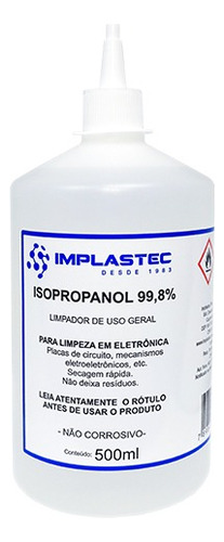 Álcool Isopropílico 99,8% Puro Isopropanol 500ml Implastec