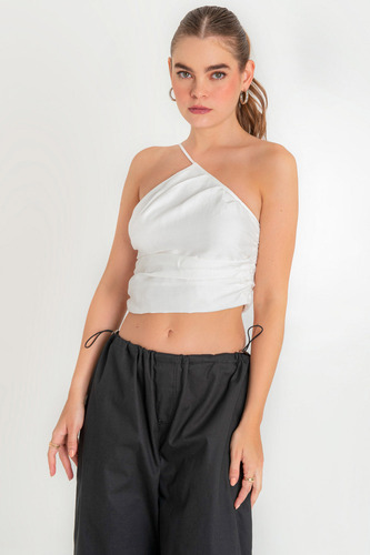 Crop Top Asimétrico Escote Diagonal Con Plisados High Street