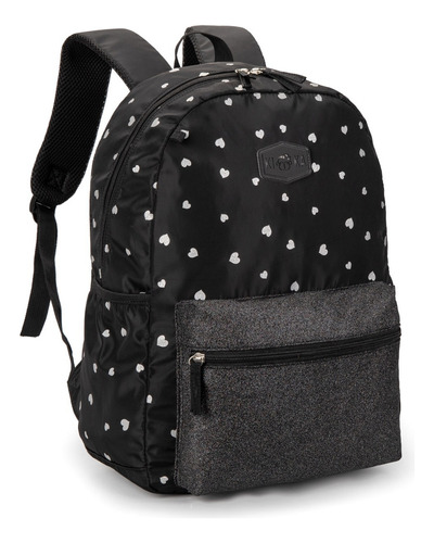 Mochila Escolar Feminina Corações Glitter C/ Chaveiro Pompom Cor Preto Desenho Do Tecido Coração-glitter