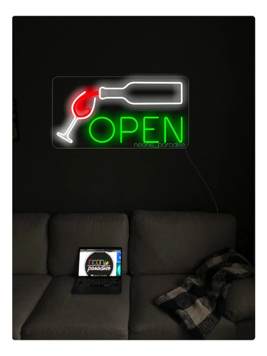 Letrero Led Neon Open Abierto Bar Vino Ancho61cm Luminoso