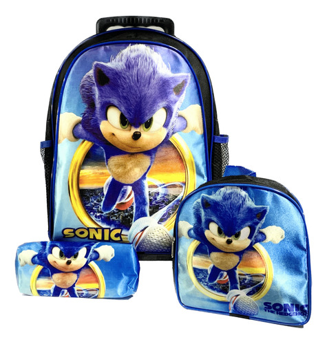 Kit Mochila Sonic Azul Rodinha Lancheira Estojo Escolar