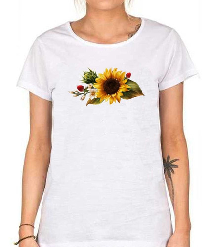 Remera De Mujer Girasol Flores Amarillo Hojas