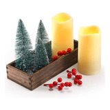 Set Centro De Mesa Navideño Rustico Con Velas Led Y Árbol Ar