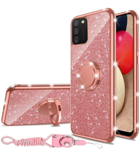 Funda Para Samsung Galaxy A02s - Rosa Con Brillos Y Anillo