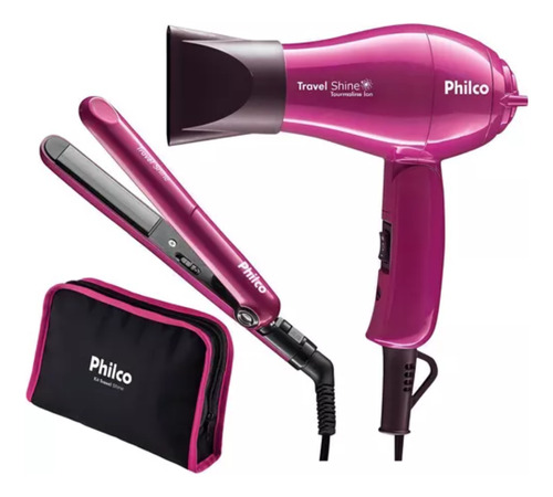 Kit Viagem Shine Secador E Chapinha Cor Rosa Bivolt - Philco