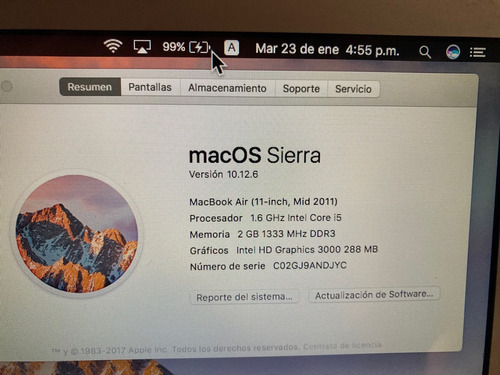 Macbook Air 11  A1370, Core I5 2gb De Ram Sd 60gb Os Sierra