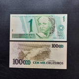 02 Cédulas Do Brasil 100000 Cruzeiros E 1 Real Mbc/soberba 