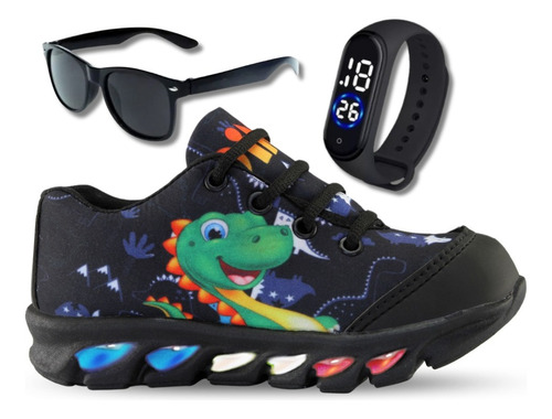 Tenis De Led Infantil Masculino Dinossauro + Relogio +oculos