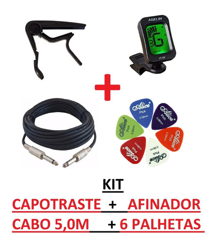 Kit Capotraste + Afinador Clip + Cabo P10 5,0m + 6 Palhetas