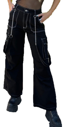 Pantalon Jean Cargo Mujer Tiro Alto Ancho Recto Wide Leg