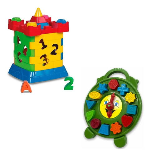 Kit Brinquedo Educativo Infantil Relógio E Castelo Encaixar