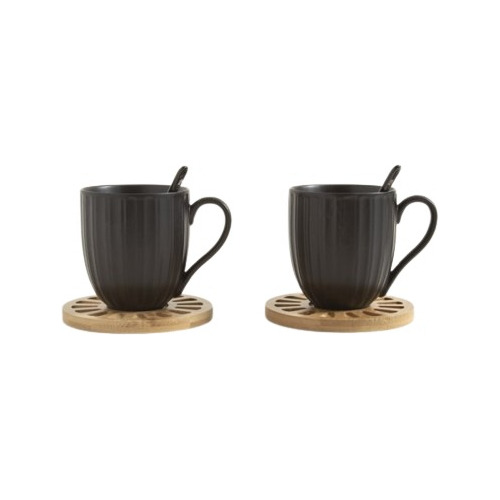 Tazas De Porcelana Negra Rayadas  Y Plato De Bamboo Set X 2