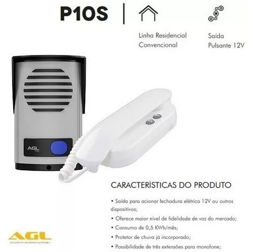 Kit Agl P10 Interfone Porteiro Com 2fone+ Fechadura Elétrica