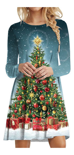 Vestido K Para Mujer, Estampado De Árbol De Navidad, Manga L