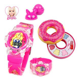 Relógio Infantil Barbie Rosa Meninas + Maquiagem Batom Top