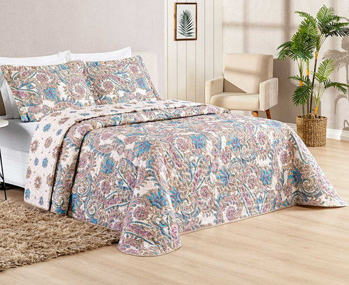 Kit Colcha Casal King Size Bouti 3 Peças Estampada Cor Floral Azul