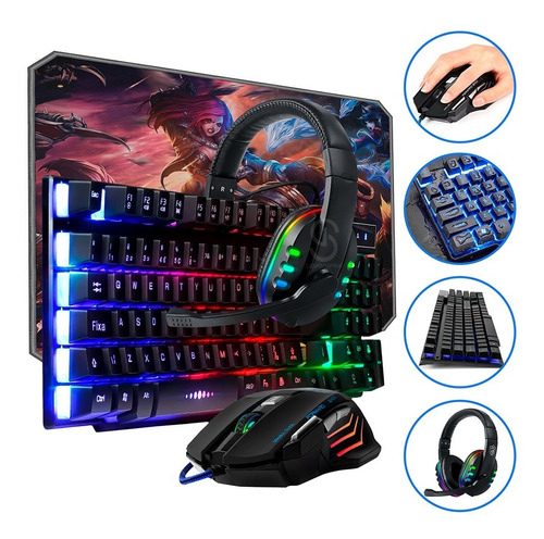 Kit Gamer Mouse 2400 Dpi + Mouse Pad + Teclado + Headphone