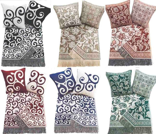 Manta Xale Para Sofa Com 2 Almofadas Cheias Jacquard Rustico