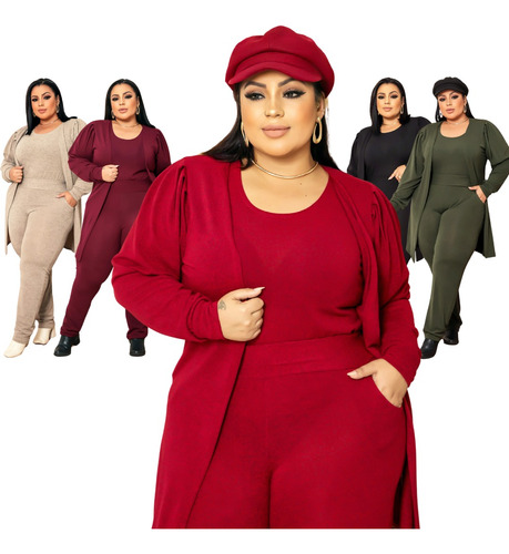 Conjunto Feminino Calça Blusa Cardigan Lanzinha Plus Size Qu