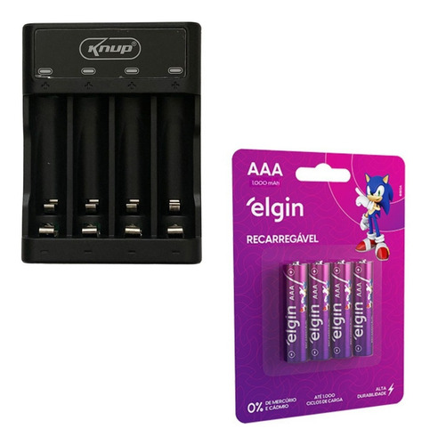 Carregador Pilha Aa/aaa Type-c+ 4 Pilhas Aaa 1000 Mah Elgin