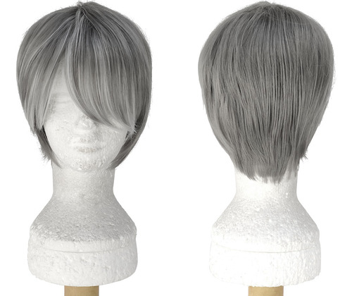 Peruca Cinza Curta 26cm C/ Franja E Raiz Crespa Cosplay Wig