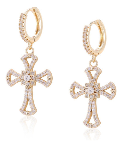 Brincos Folheado Argola Com Pingente Cruz Luxo Ouro 18k