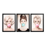3 Quadros Mulheres Chiclete Marilyn Monroe A4 Com Moldura
