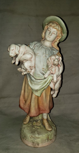 Antigua Estatua Fayance Niña Con Perro Original Montepio_ant