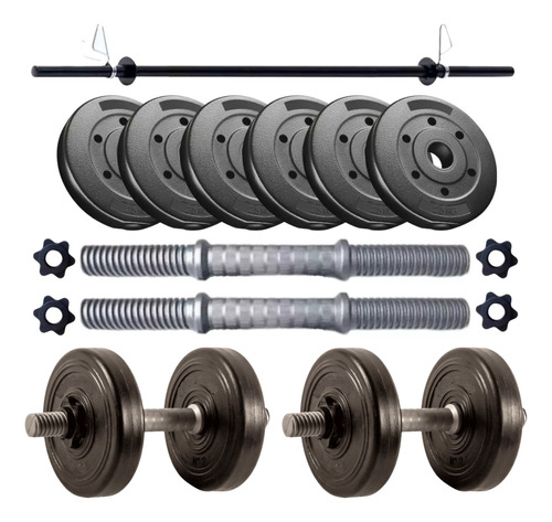 Barra + 2 Mancuernas Tope A Rosca + 30 Kg En Discos Kit Set