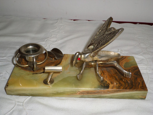 Antiguo Set Fumador Mosca De Bronce Cenicero Con Candelabro