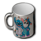 Taza Metalica Disney Stitch 325ml Ceramica Plateada Espejo