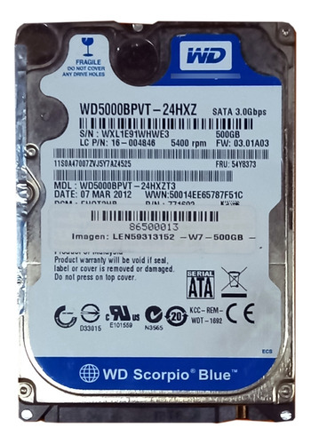 Disco Duro 2.5 Western Digital Scorpio Blue Wd5000bpvt 500gb