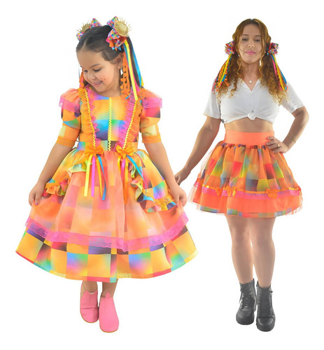 Kit Mãe E Filha Junina - Vestido + Saia Adulta Tule Laranja