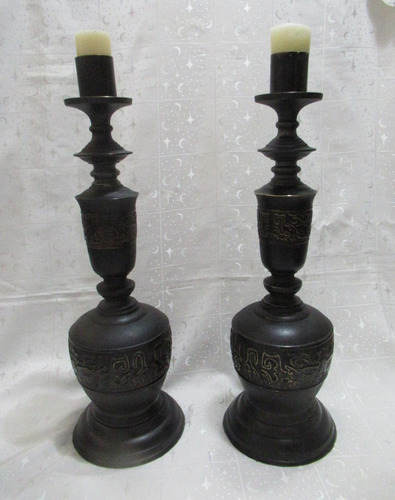 Antiguo Par Candelabros Bronce Patinado 52 Cm Alto