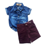 Body Camisa Jeans E Bermuda Bordô Vinho Bebê Menino 