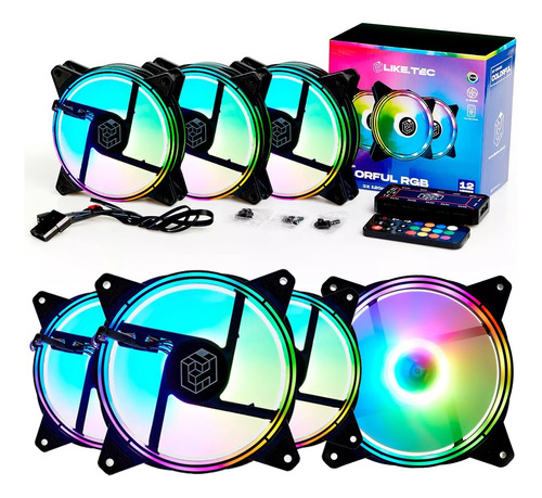 Kit Fan 7x 120mm Liketec Colorfull Cooler Rgb Controle Gamer