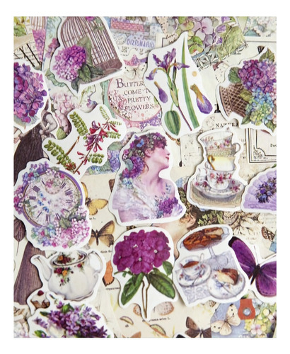 Set Sobre 200 Stickers Y Papeles Naturaleza Vintage Violeta
