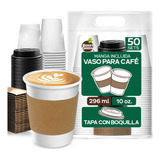 50 Vasos Para Café De 10 Oz Desechables Con Tapa Y Manga Color Blanco